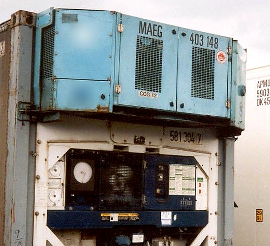 Clip-on genset mounted on the front of a refrigerated container